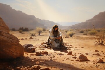 Wall Mural - Jesus Christ praying fervently in the wilderness during the temptation. AI generation