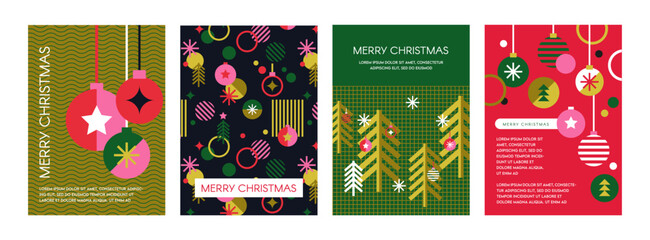 Poster - Merry Christmas flat modern design, Christmas ornaments and Xmas decorations. Colorful vector illustration in flat geometric cartoon style