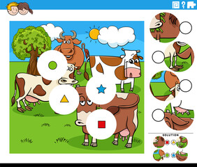 Wall Mural - match pieces game with cartoon cows farm animals