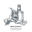 Man hand with scotch whiskey or bourbon glass. Vector hand drawn engraved sketch illustration of whiskey bottle