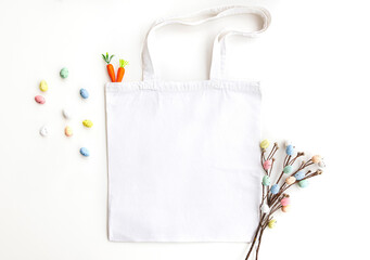 Wall Mural - Mock-up scene of blank shopping canvas tote bag with Easter decorations , Easter sale. Eco friendly, zero waste concept. Flat lay, square