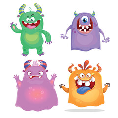 Wall Mural - Cute cartoon Monsters set. Goblins, trolls and aliens. Halloween and birthday party characters. Vector illustrations collection.