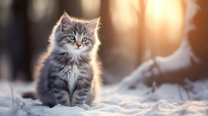 Wall Mural - A curious gray kitten explores the snow amid winter scenery. Cute kitten in snow white landscape under daylight. Scene of the magic and delicacy of the season.