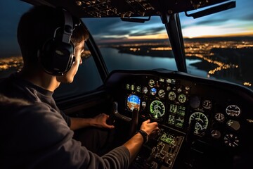 Wall Mural - a man is seated in the cockpit of a plane at night. this image can be used to depict aviation, night