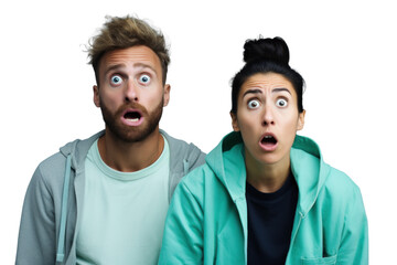 Wall Mural - shocked couple of young people surprised and scared, png file of isolated cutout object on transparent background.