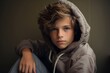 A portrait of a young boy wearing a hooded sweatshirt.