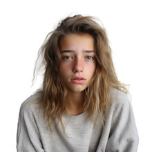 sad teenager girl in a bad mood or sick and has problems, png file of isolated cutout object on transparent background.