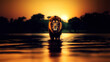 Lion standing in water at sunset