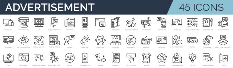 set of 45 outline icons related to advertisiment, marketing, ads. linear icon collection. editable s