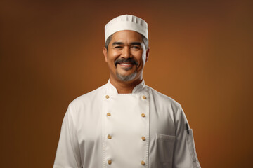 Wall Mural - A professional chef wearing a uniform is posing for a picture. This image can be used to represent the culinary industry or for promotional materials related to cooking and food.