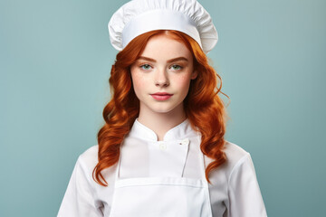 Wall Mural - A woman with vibrant red hair wearing a chef's hat. This image is perfect for culinary blogs, cooking websites, and restaurant promotions.