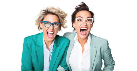 Wall Mural - joyfully shocked two female businesswoman partners, png file of isolated cutout object on transparent background.