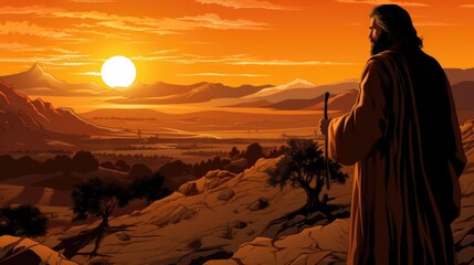 Wall Mural - Jesus looking at the sunset from the top of a hill, AI