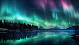 Fototapeta Góry - Aurora borealis lake snowy trees mountains. Created with Generative AI