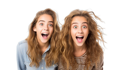 Wall Mural - two amazed teenage girls friends, png file of isolated cutout object on transparent background.