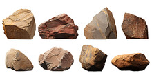 Collection Of Big Rock Stones Isolated On Transparent Background. Realistic 3D Render.