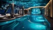 a hotel pool area with underwater LED lighting, showcasing the allure of aquatic illumination in hospitality design