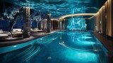 Fototapeta  - a hotel pool area with underwater LED lighting, showcasing the allure of aquatic illumination in hospitality design
