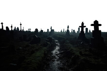 Muddy Night Path In A Spooky Abandoned Cemetery Graveyard At Night. Dark Fantasy Misty And Foggy Vast Landscape. 