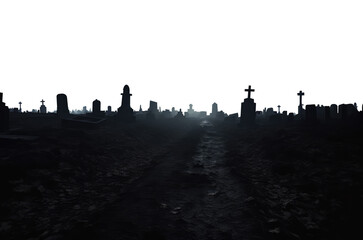 Wall Mural - silhouette of a dark vast cemetery graveyard at night. transparent background PNG. Tombstones distributed throughout the vast landscape. 