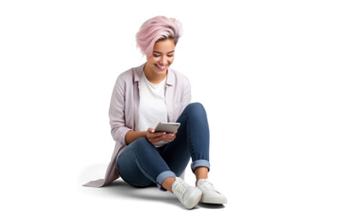 blonde woman sits on the floor and joyfully watching smart phone, png file of isolated cutout object with shadow on transparent background.