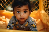 Indian baby in romper in a playpen Generative Ai