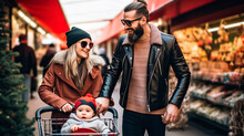 Young Trendy Couple And Baby, Go Christmas Shopping In A Mall. Generative AI.