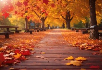 Autumn forest path. Orange color tree, red brown maple leaves in fall city park. Nature scene in sunset fog Wood in scenic scenery Bright light sun Sunrise of a sunny day, morning sunlight view.
