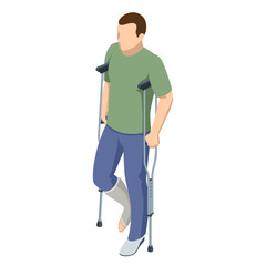 Wall Mural - Isometric man with a leg injury in a cast on crutches. Social security and health insurance concept.