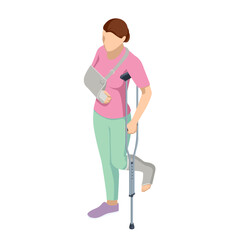 Wall Mural - Isometric A woman with a leg injury in a cast on crutches, with an arm injury in a cast. Social security and health insurance concept.