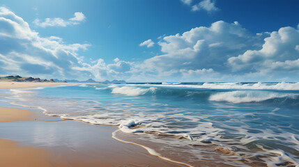 Wall Mural - Panoramic landscape banner panorama of sand dune, beach and ocean North Sea with blue sky, clouds and sunbeams
