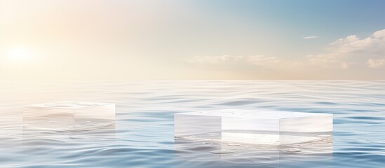 Empty clear square podiums on calm water with splashes and waves in sunlight Background for product presentation Flat lay cosmetic mockup