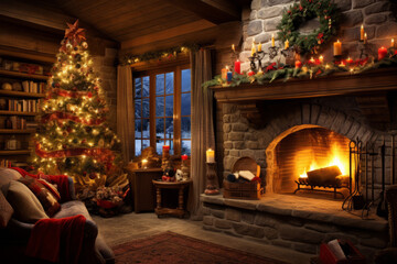 Wall Mural - Cozy christmas scene with decorations, a warming fireplace and a christmas tree, Happy christmas, full of seasons greetings