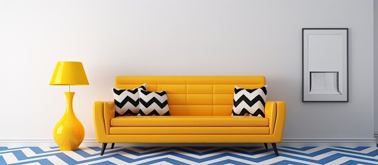 illustration of a living room with a black and white chevron floor blue and yellow sofa and furniture