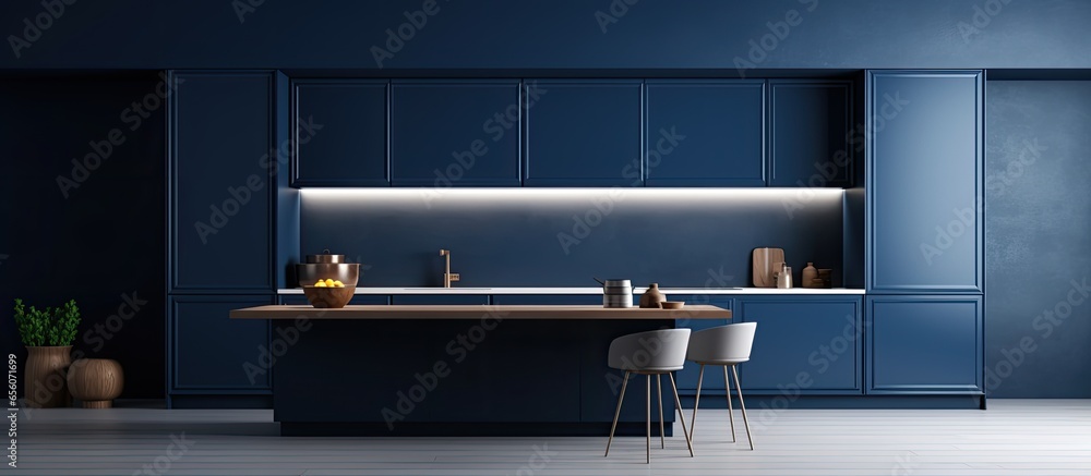 Contemporary kitchen with minimalist dark blue interior design Stock ...