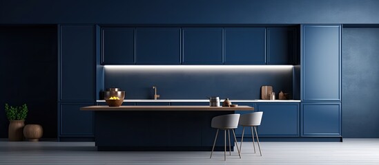 Wall Mural - Contemporary kitchen with minimalist dark blue interior design