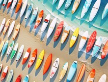 A Wall Of Surfboards On A Beach Next To The Ocean. Generative AI.