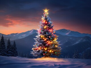 Wall Mural - A christmas tree is lit up in the snow. Generative AI.