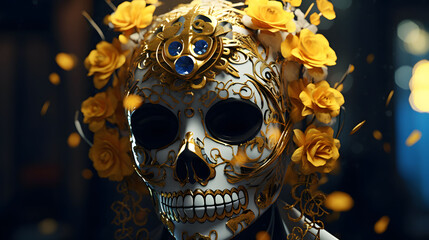 Wall Mural - 3d illustration of sugar skull with floral ornament on black background. Sugar Skull (Calavera) to celebrate Mexico's Day of the Dead (Dia de Los Muertos)	