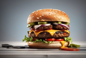 Grill burger, realistic 3d burgers falling in the air, grilled meat collection