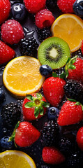 Poster - Fresh fruit mix, closeup vertical banner detail with water drops over. Generative AI