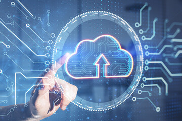 Wall Mural - Close up of male hand pointing at digital round circuit cloud computing hologram on blurry background. Server and web concept. Double exposure.