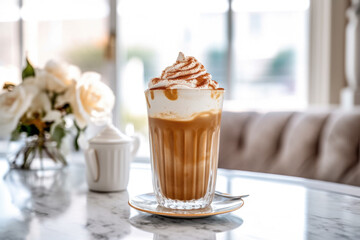 Wall Mural - Refreshing glass of iced coffee topped with dollop of whipped cream. Hot summer day or as treat to enjoy any time. Marketing materials, social media posts related to coffee, beverages, or relaxation.