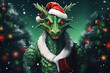 Fantasy green dragon wearing santa hat.
