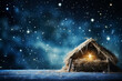 Wooden Stable at Dark Blue Starry Night, Abstract Defocused Background. Jesus Christ Birth Concept with Copy Space