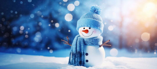 Wall Mural - Smiling Snowman on Winter Blurred Landscape Background, Greeting Card with Copy Space