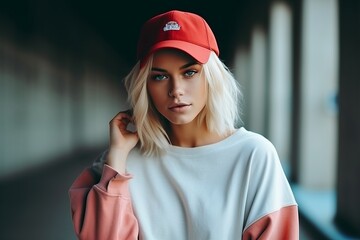 Portrait of a beautiful young woman in a red cap and sweatshirt