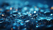 Dynamic deep blue background enhanced by sparkling water droplets and gradients.