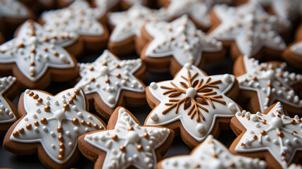 Wall Mural - Christmas food bakery bake baking photography background texture - Closeup of many star gingerbread cookies, with white icing decoration
