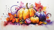 Beautiful simple watercolor motif suitable for autumn and Halloween with the colors ochre, orange, reddish brown, light blue-green and dark violet